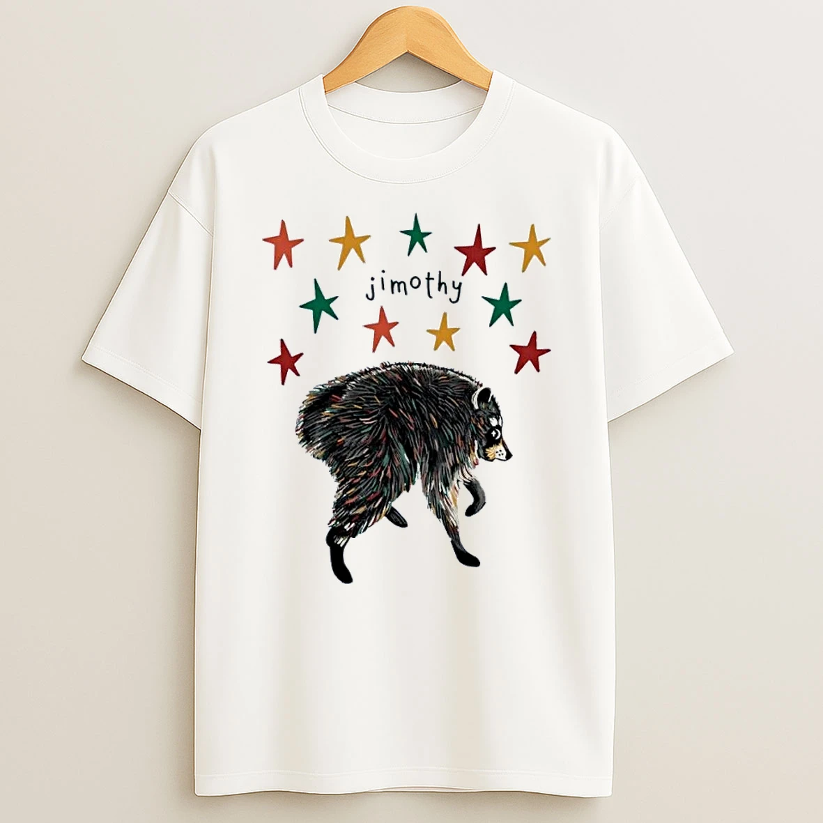 Starry Jimothy Colorful Bear Illustration Whimsical Animal Art White Shirts