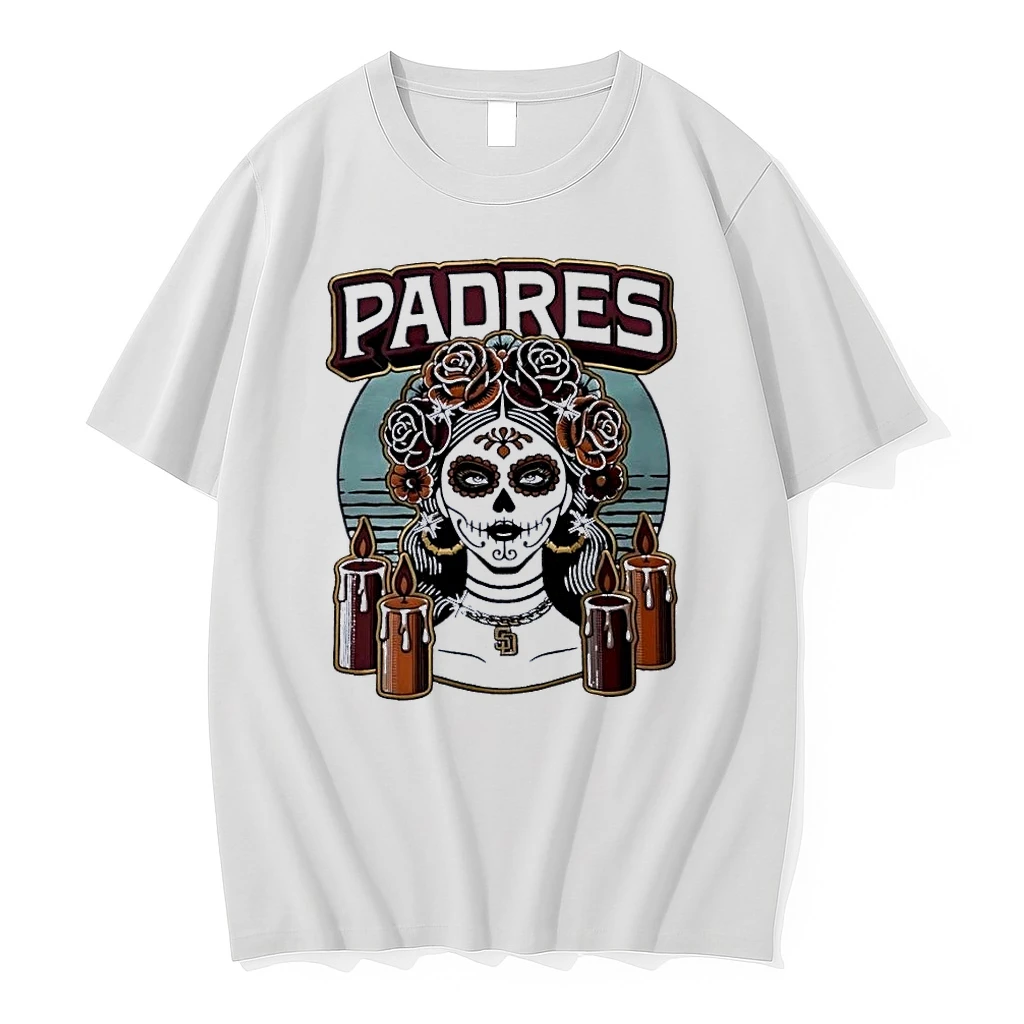 Sugar Skull Woman Wearing Sd Pendant Candles Padres White Shirts