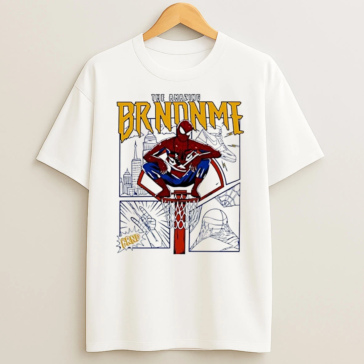 The Amazing Brndnme Spider Man Squatting On Basketball Hoop White Shirts