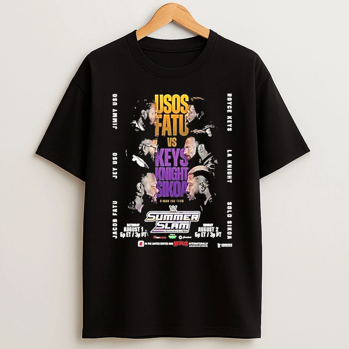 The Usos And Jacob Fatu Vs Roybe Keys La Knight And Solo Sikoa Wwe Summerslam 6 Man Tag Team Match 2026 Shirts