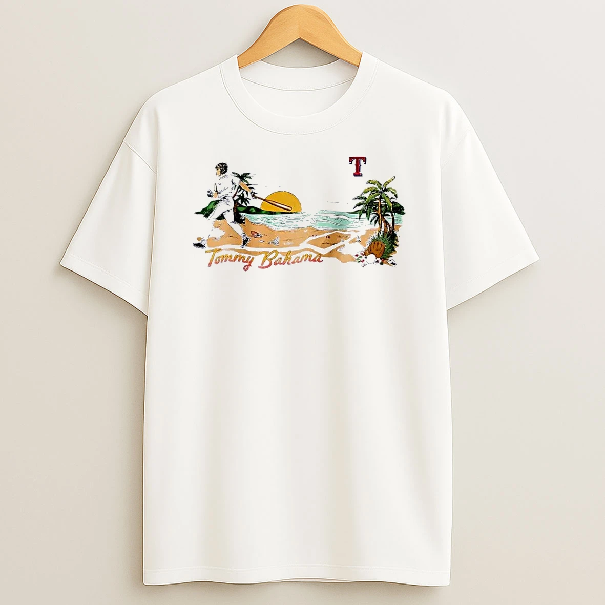 Tommy Bahama Baseball Player Running On Beach Texas Rangers White Shirts