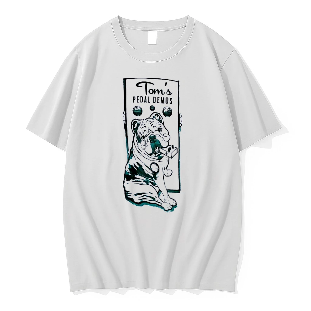 Toms Pedal Demos Bulldog Holding Guitar Effects Pedal White Shirts