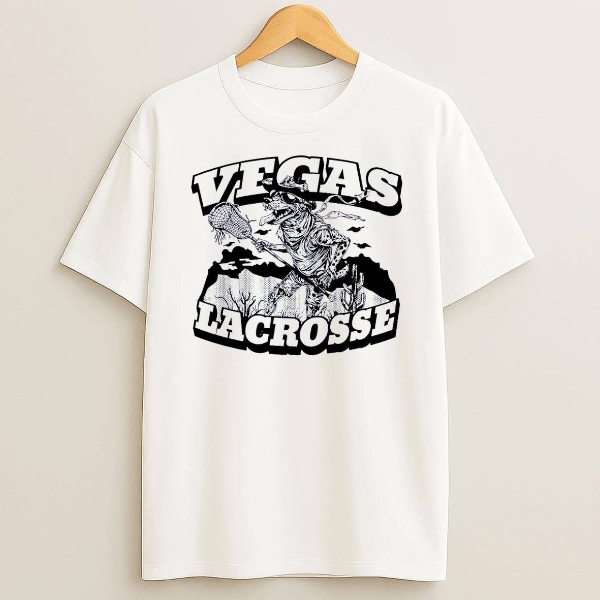 Vegas Lacrosse Dog Playing Lacrosse In Desert White Shirts
